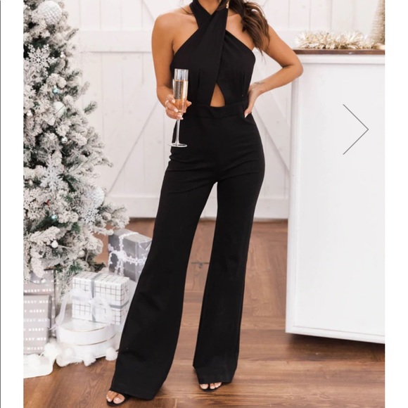 Pink Lily Pants - A POINT IN TIME BLACK CROSS NECK JUMPSUIT Pink Lily Outfit
